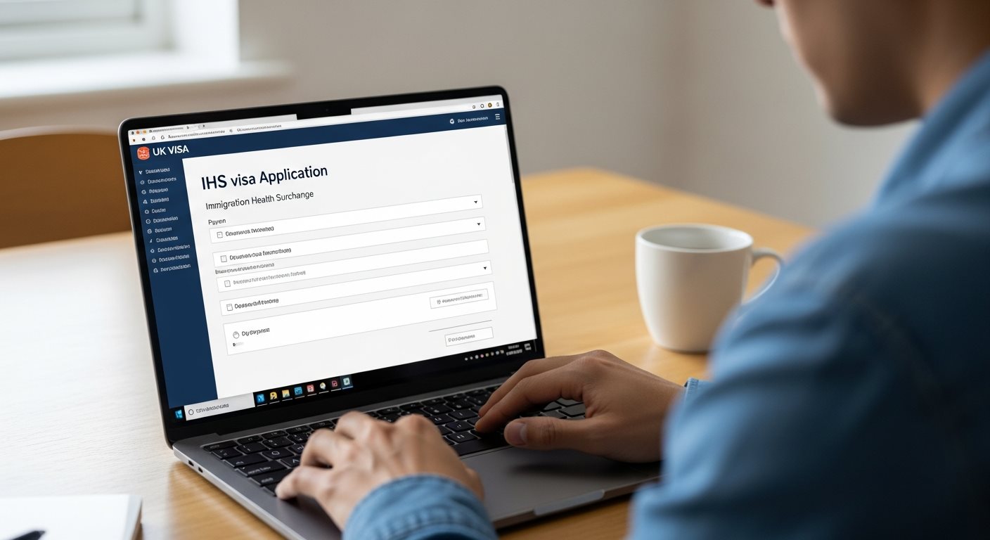 Personne complétant le formulaire de demande de visa britannique avec paiement IHS